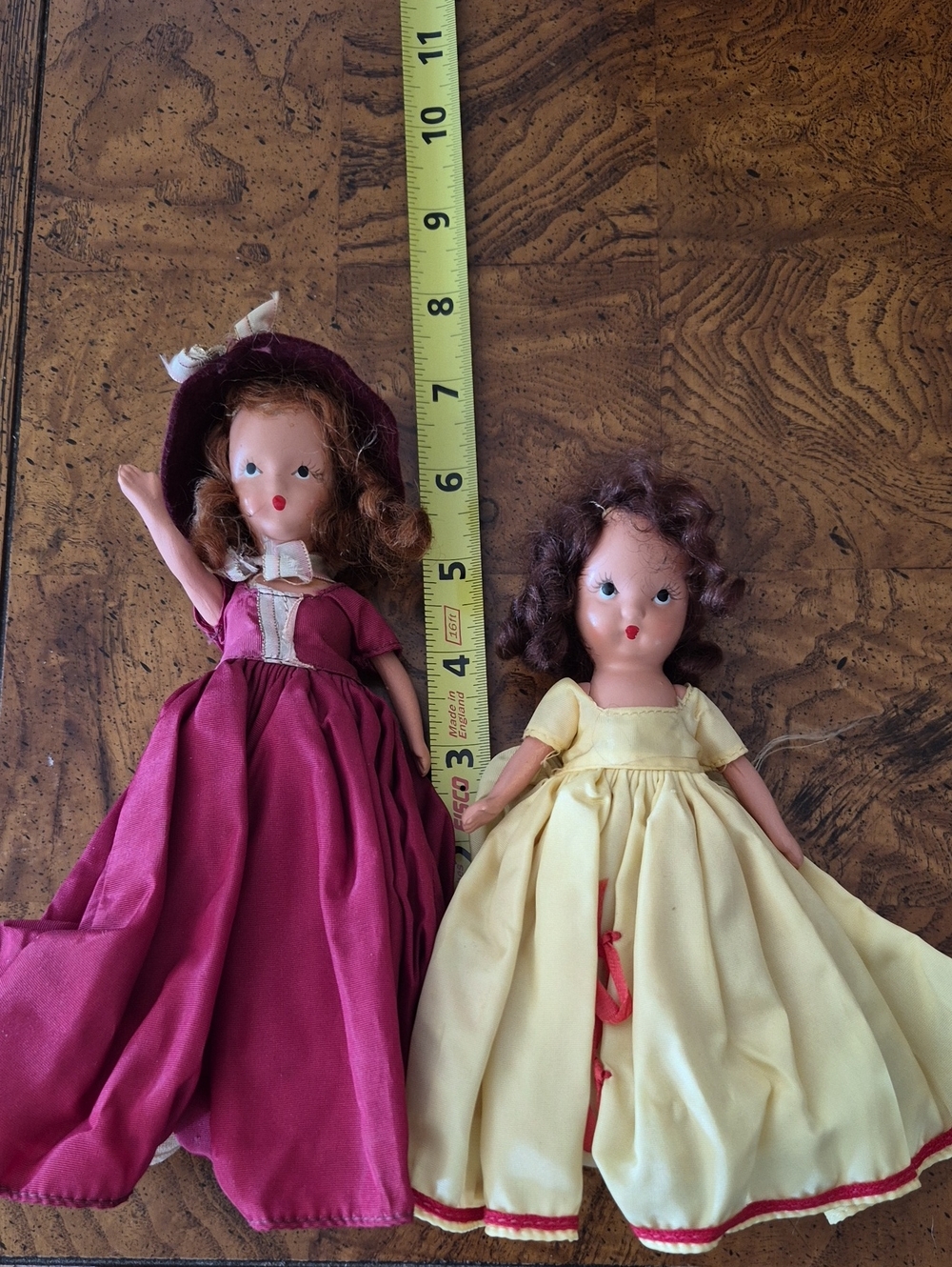 Pair of Vintage Fashion Dolls in Burgundy and Yellow Dresses